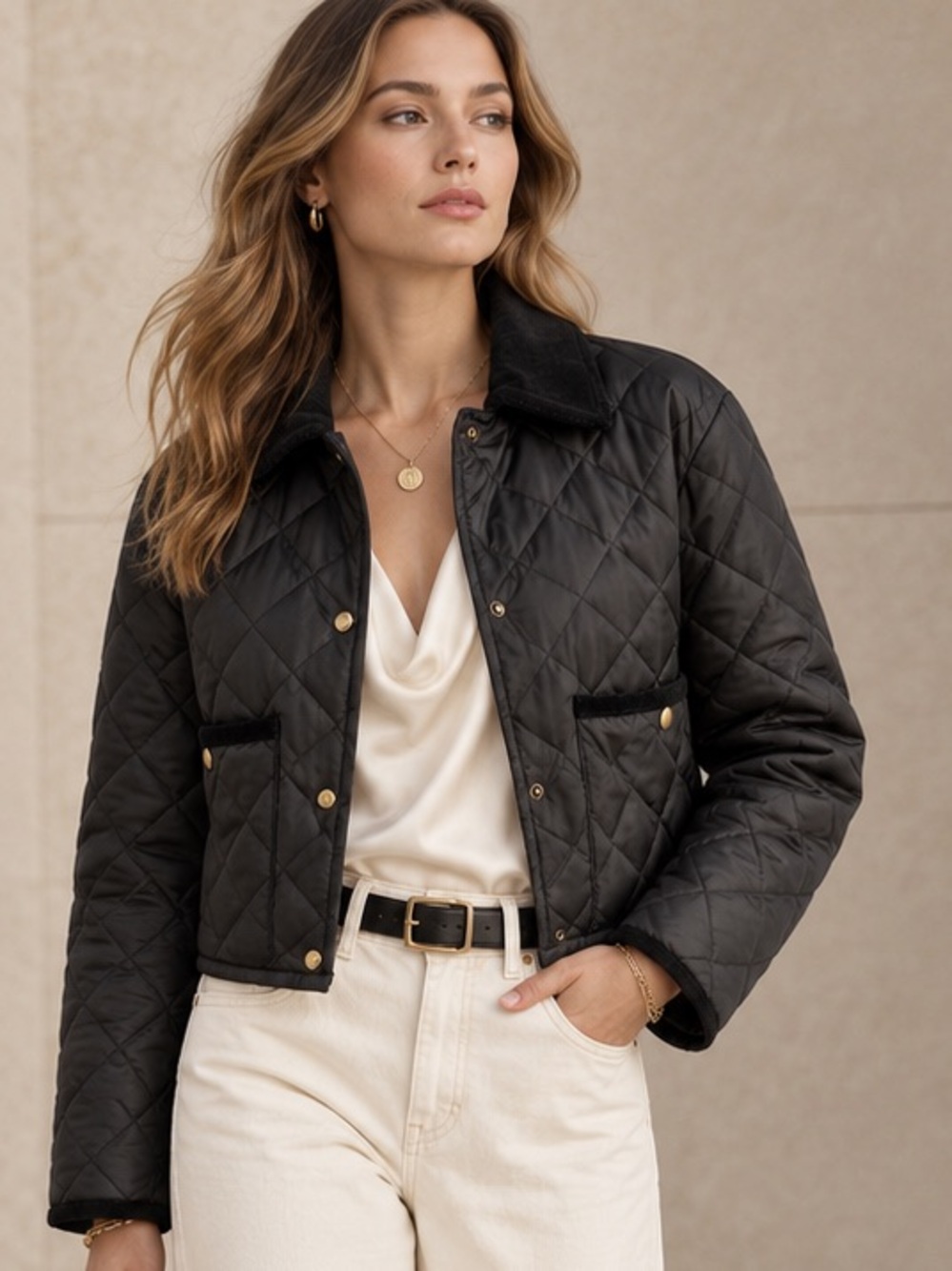Rebecca Minkoff Black Diamond Quilted Cropped Jacket Corduroy Collar NEW size S